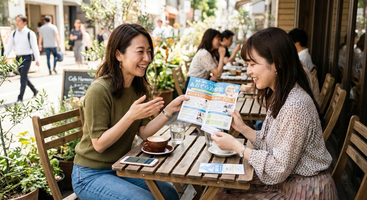 友人に治療院を紹介する女性